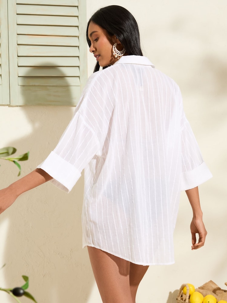 Friends Like These White Oversized Dobby Button Up Beach Shirt - Image 4 of 4