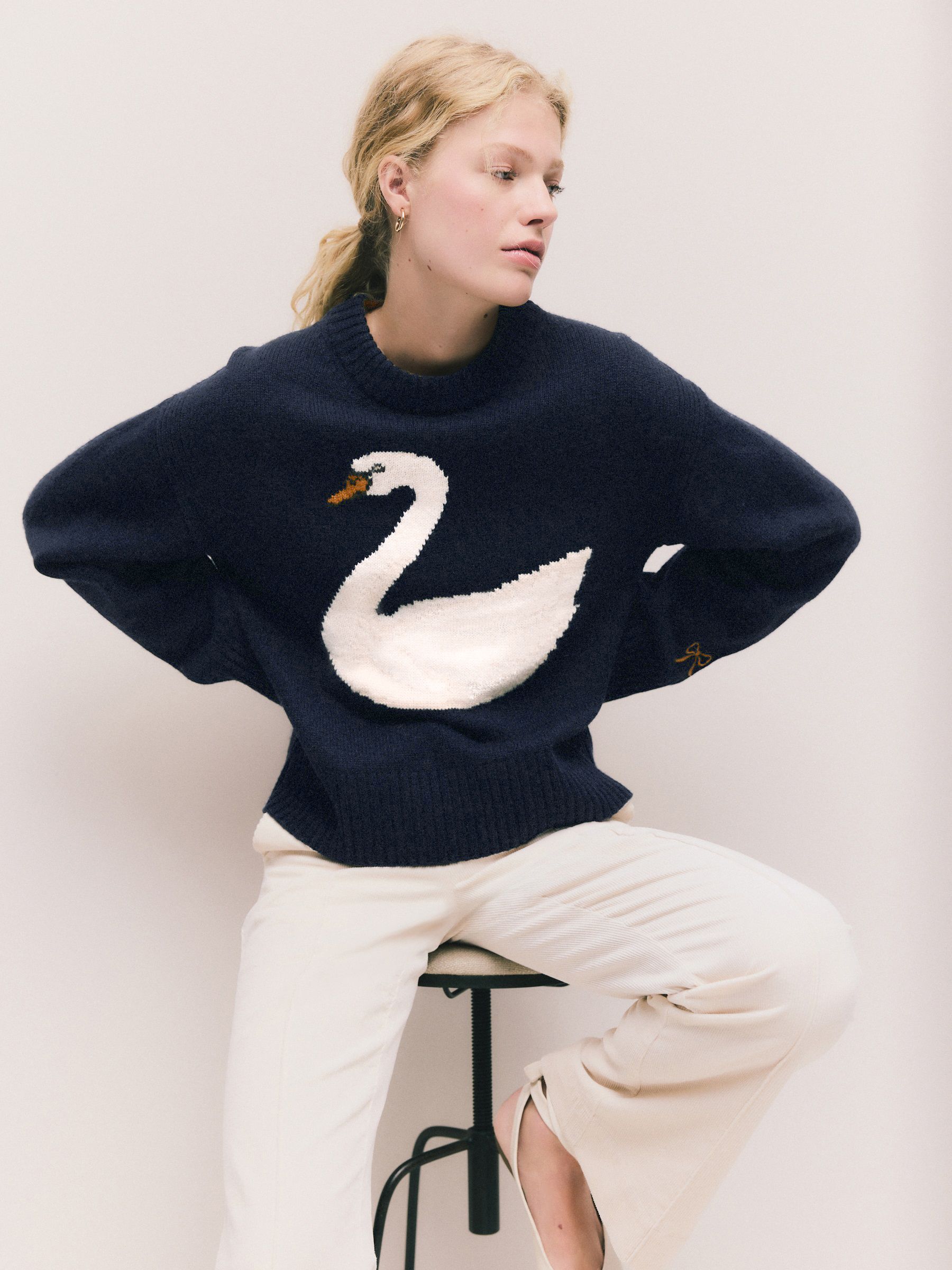 Buy Navy Blue Swan Graphic Long Sleeve Crew Neck Jumper With Wool
