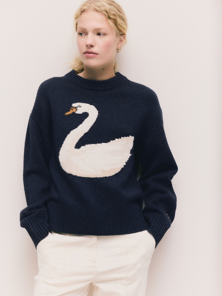 Navy Blue Swan Graphic Long Sleeve Crew Neck Jumper With Wool - Image 2 of 9 Navy Blue Swan Graphic Long Sleeve Crew Neck Jumper With Wool - Image 2 of 9