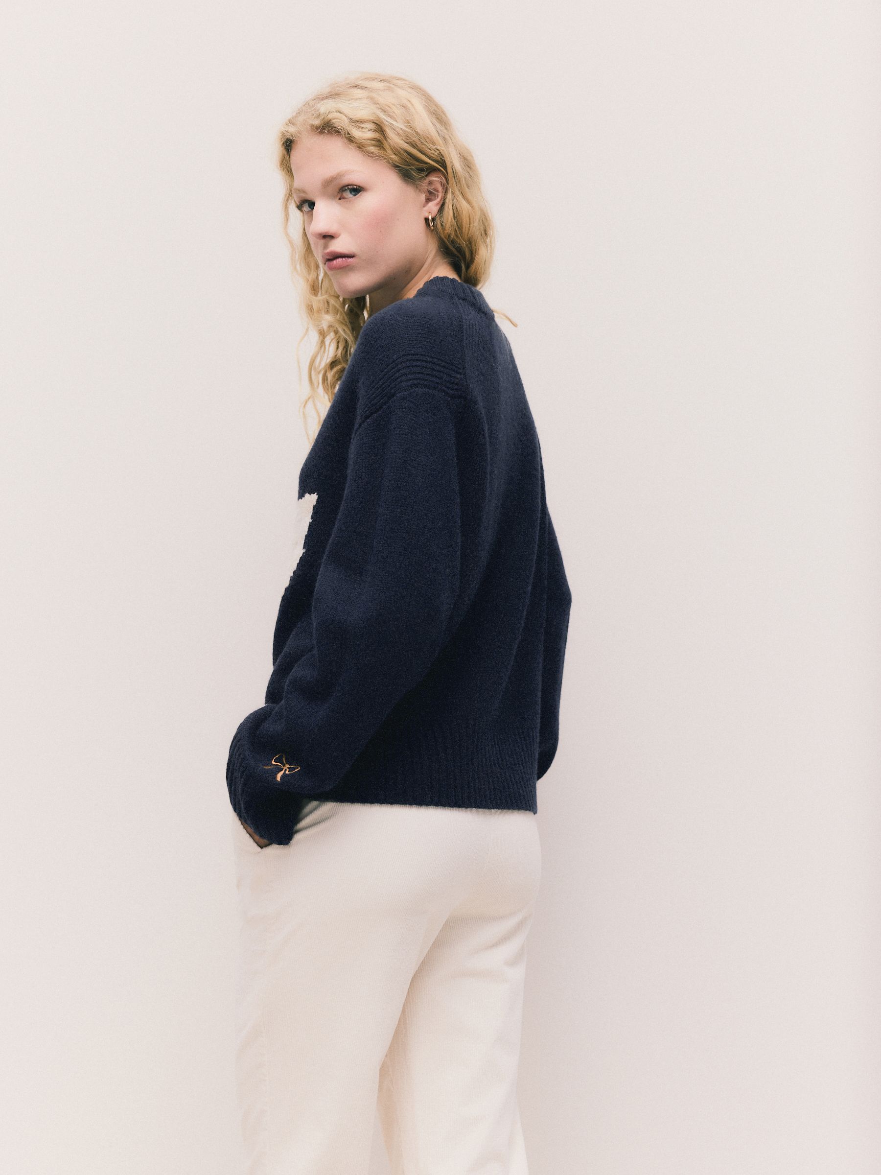 Buy Navy Blue Swan Graphic Long Sleeve Crew Neck Jumper With Wool