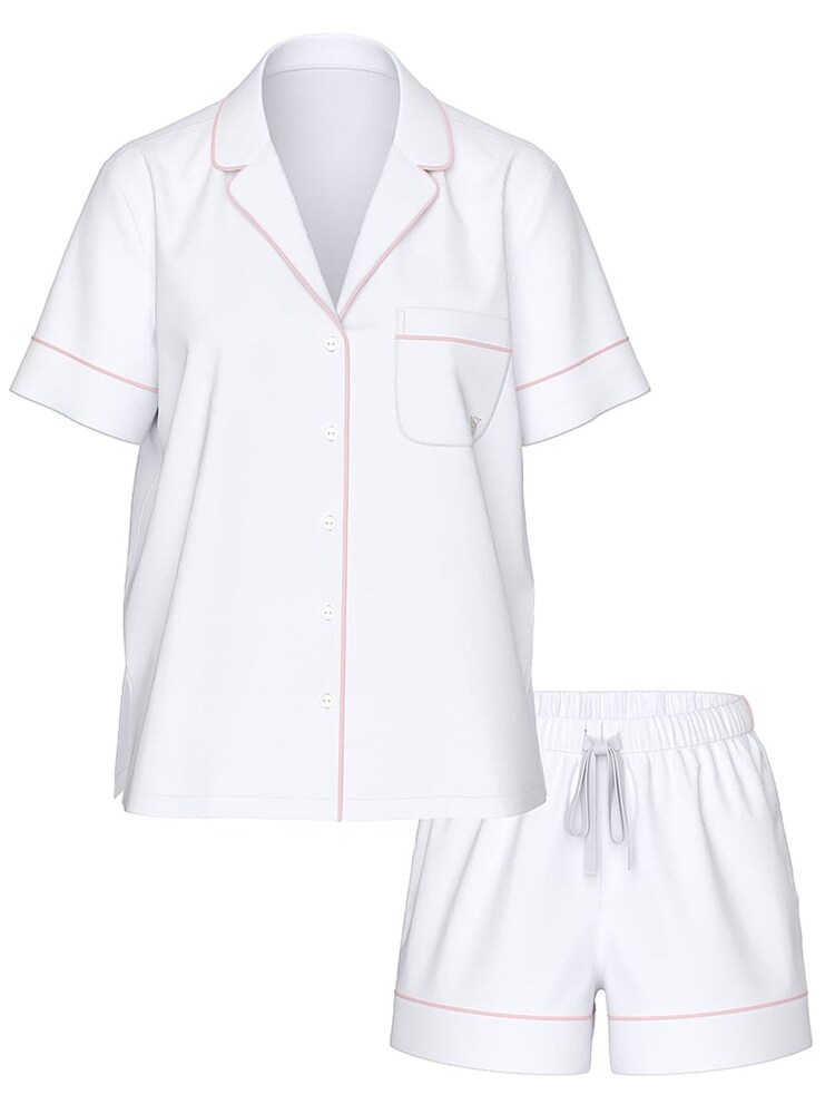 Victoria's Secret White With Pink Piping Cotton Short Pyjamas Set - Image 1 of 2