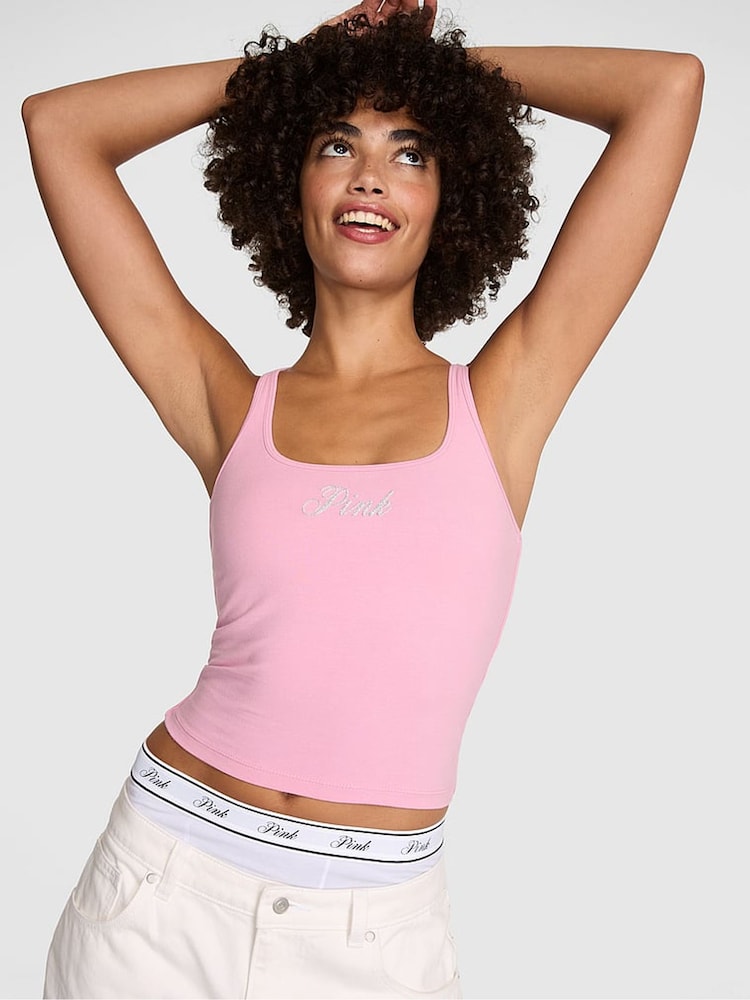 Victoria's Secret PINK Cameo Pink Shine Cotton Square Neck Sports Bra - Image 1 of 2 Victoria's Secret PINK Cameo Pink Shine Cotton Square Neck Sports Bra - Image 1 of 2