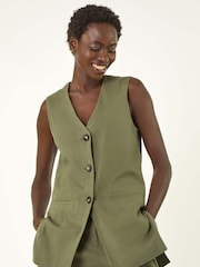 Roman Green Longline Button Waistcoat 100% Cotton Waistcoat - Image 4 of 5