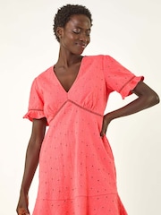 Roman Pink Embroidered Stretch Jersey Frill 100% Cotton Dress - Image 1 of 5