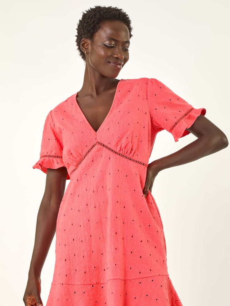 Roman Pink Embroidered Stretch Jersey Frill 100% Cotton Dress - Image 1 of 5
