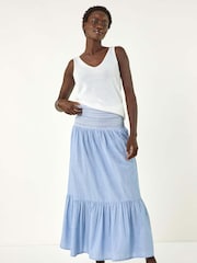 Roman Blue Shirred Tiered A-Line 100% Cotton Skirt - Image 2 of 5