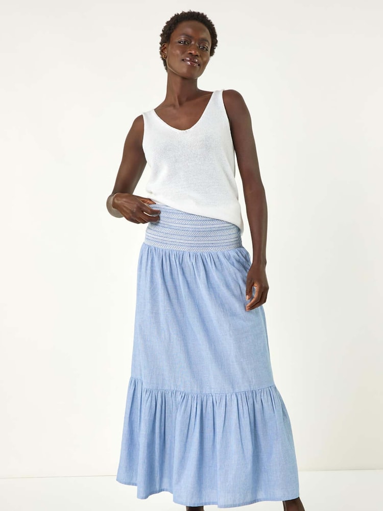 Roman Blue Shirred Tiered A-Line 100% Cotton Skirt - Image 2 of 5