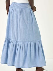 Roman Blue Shirred Tiered A-Line 100% Cotton Skirt - Image 3 of 5