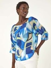 Roman Blue Abstract Print Stretch Blouse - Image 1 of 5