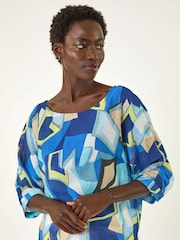 Roman Blue Abstract Print Stretch Blouse - Image 2 of 5
