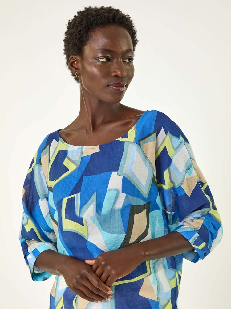 Roman Blue Abstract Print Stretch Blouse - Image 2 of 5