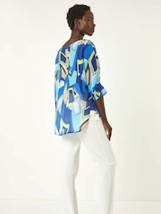 Roman Blue Abstract Print Stretch Blouse - Image 3 of 5