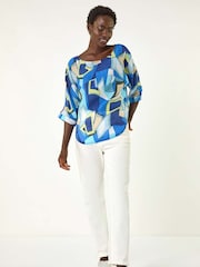 Roman Blue Abstract Print Stretch Blouse - Image 4 of 5