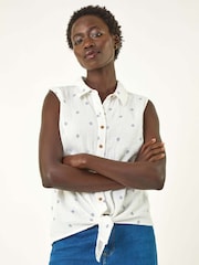 Roman White Embroidered Tie Front 100% Cotton Blouse - Image 4 of 5