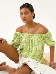 Roman Green Floral Print Bardot Stretch Top - Image 1 of 5