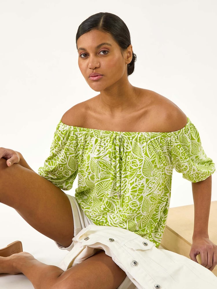 Roman Green Floral Print Bardot Stretch Top - Image 1 of 5