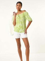 Roman Green Floral Print Bardot Stretch Top - Image 2 of 5