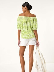 Roman Green Floral Print Bardot Stretch Top - Image 3 of 5