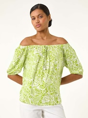 Roman Green Floral Print Bardot Stretch Top - Image 4 of 5