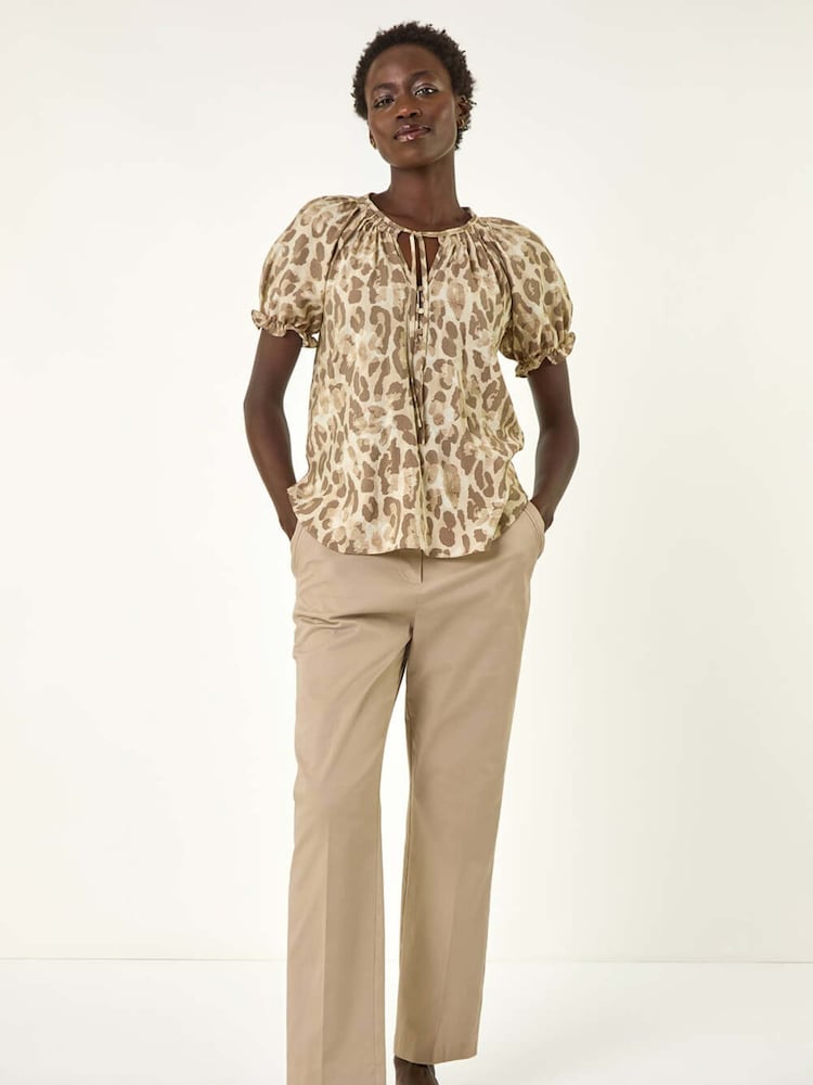 Roman Natural Floral Animal Print Tie Neck Blouse - Image 1 of 5