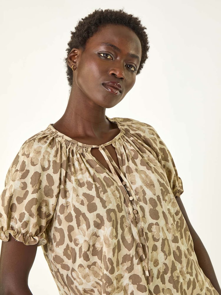 Roman Natural Floral Animal Print Tie Neck Blouse - Image 2 of 5