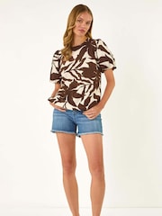 Roman Brown Leaf Print Balloon Short Sleeve Blouse - Image 2 of 5