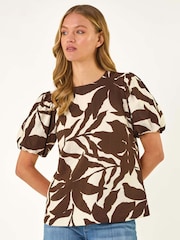 Roman Brown Leaf Print Balloon Short Sleeve Blouse - Image 4 of 5