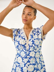 Roman Blue Floral Print Lace Trim Top - Image 1 of 5