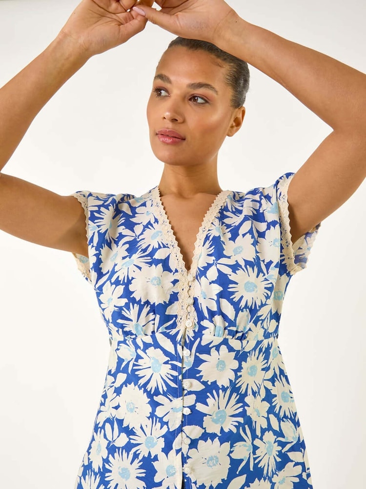 Roman Blue Floral Print Lace Trim Top - Image 1 of 5