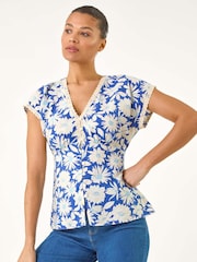 Roman Blue Floral Print Lace Trim Top - Image 2 of 5