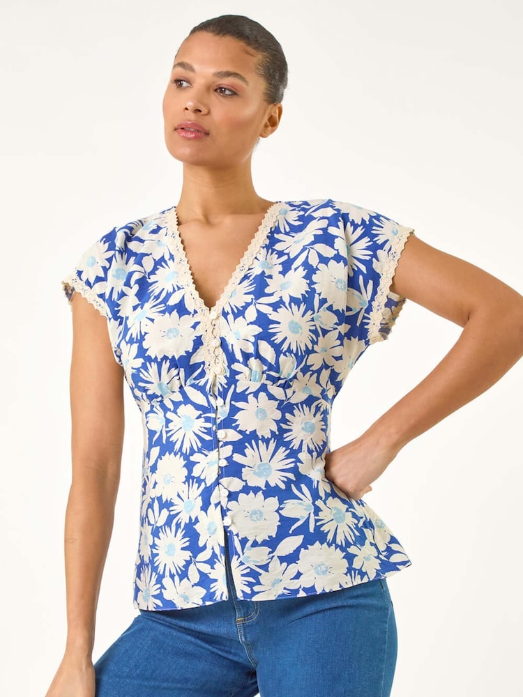 Roman Blue Floral Print Lace Trim Top - Image 2 of 5 Roman Blue Floral Print Lace Trim Top - Image 2 of 5