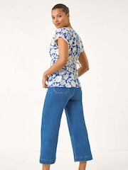 Roman Blue Floral Print Lace Trim Top - Image 3 of 5