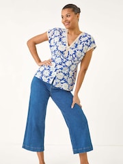 Roman Blue Floral Print Lace Trim Top - Image 4 of 5