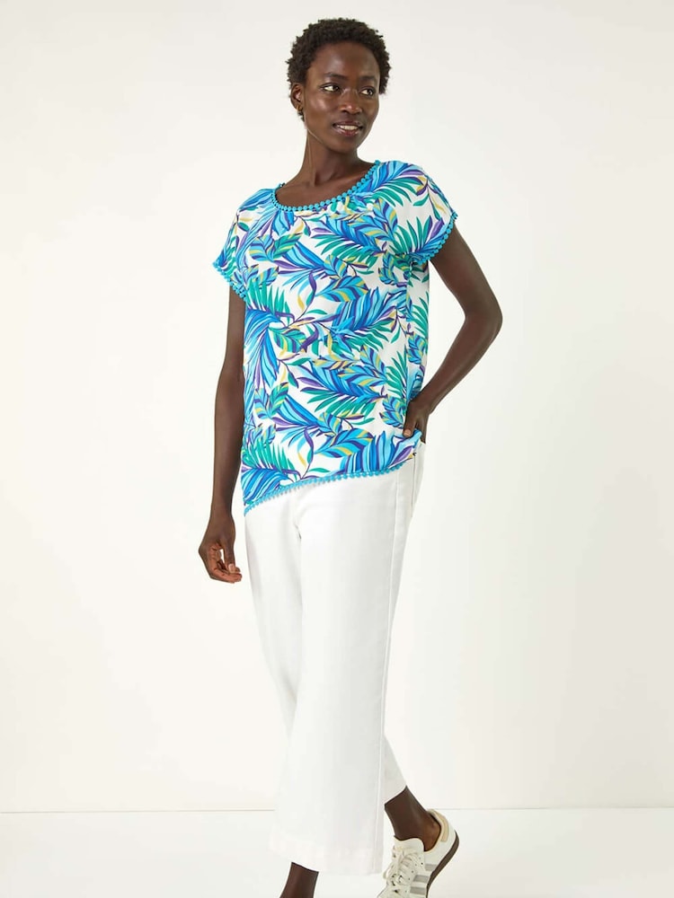 Roman Blue Tropical Leaf Print Bobble Trim T-Shirt - Image 1 of 5
