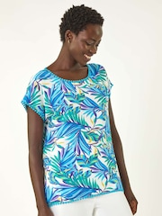 Roman Blue Tropical Leaf Print Bobble Trim T-Shirt - Image 2 of 5