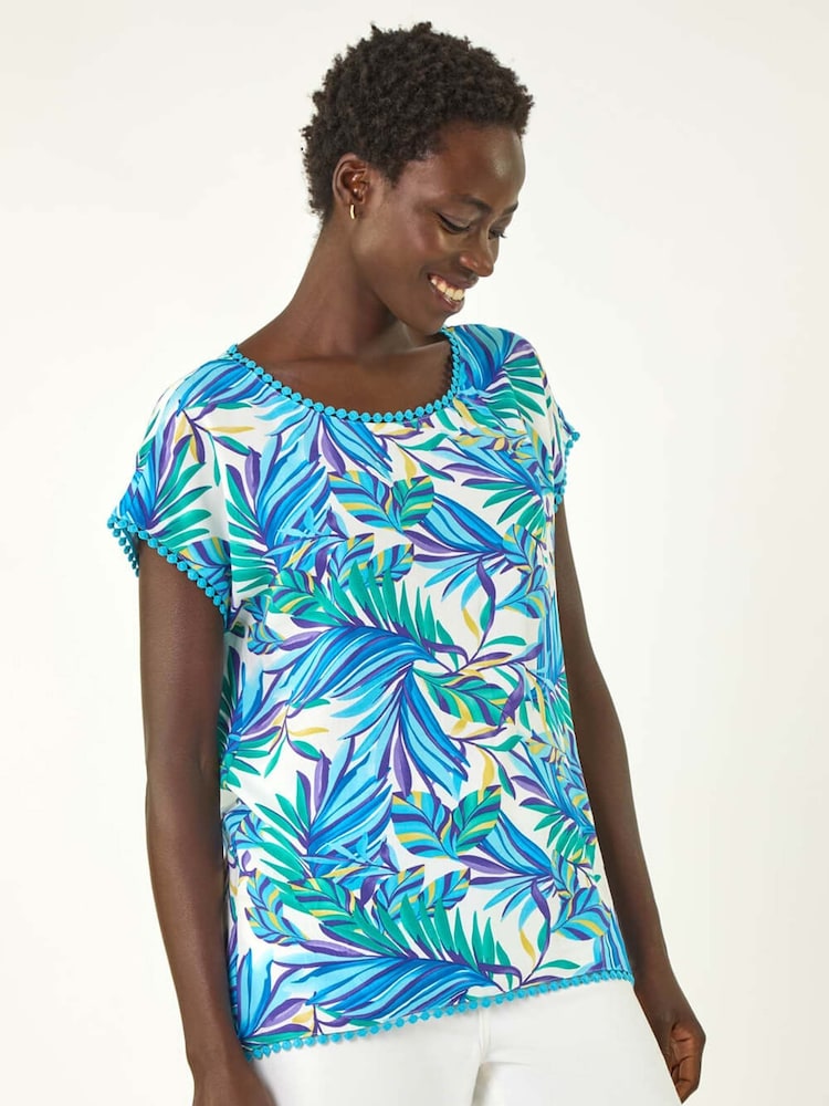 Roman Blue Tropical Leaf Print Bobble Trim T-Shirt - Image 2 of 5