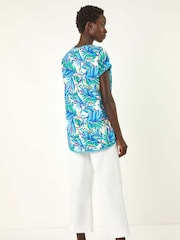 Roman Blue Tropical Leaf Print Bobble Trim T-Shirt - Image 3 of 5