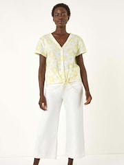 Roman Yellow Broidery Tie Front 100% Cotton Blouse - Image 2 of 5