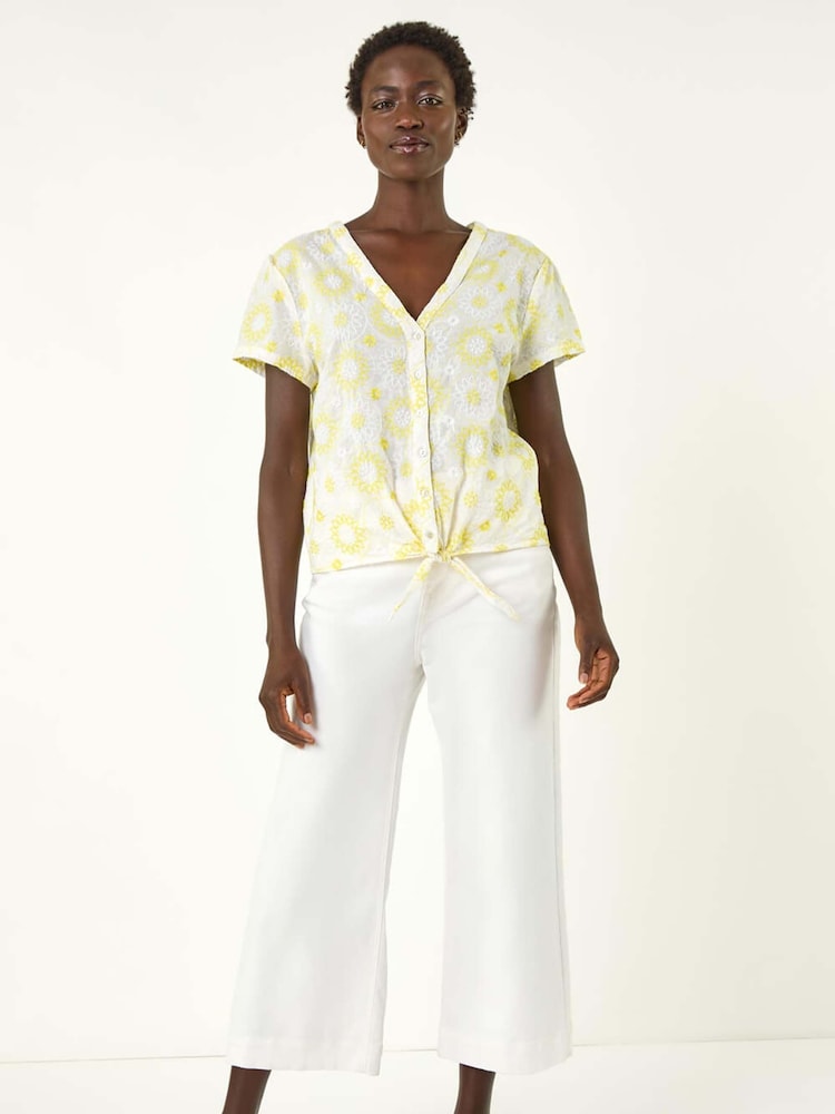 Roman Yellow Broidery Tie Front 100% Cotton Blouse - Image 2 of 5