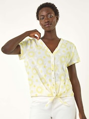 Roman Yellow Broidery Tie Front 100% Cotton Blouse - Image 4 of 5