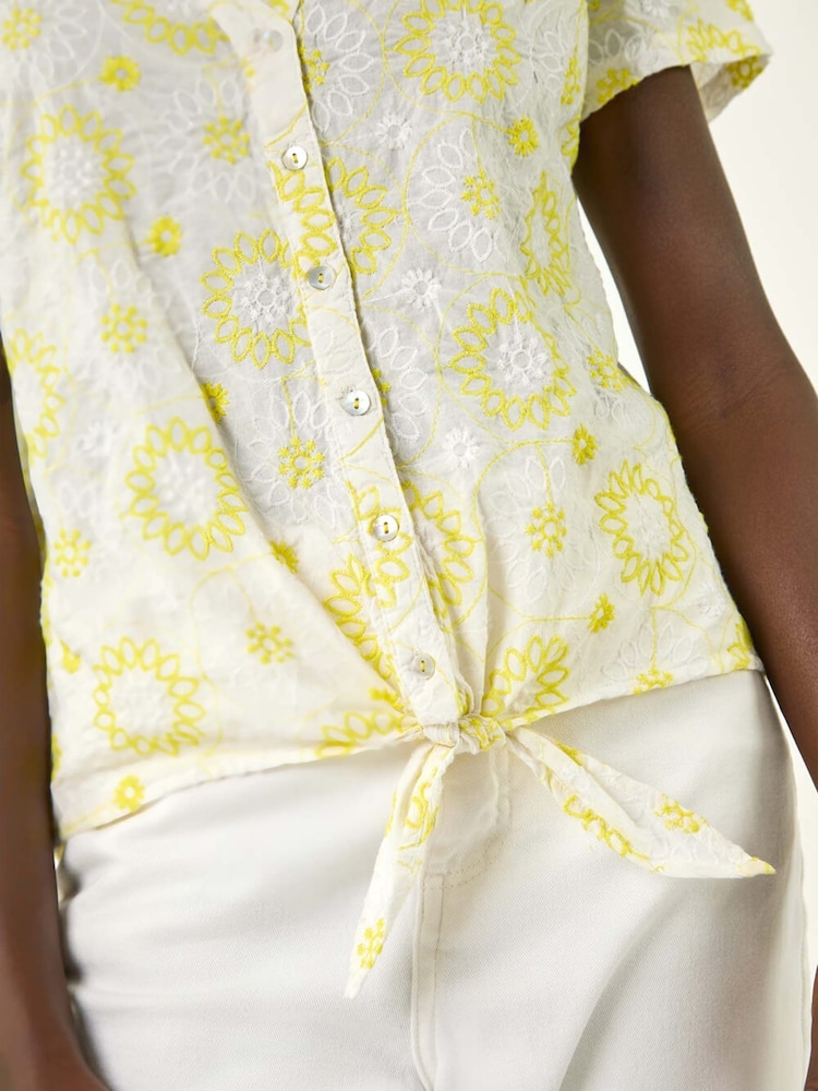 Roman Yellow Broidery Tie Front 100% Cotton Blouse - Image 5 of 5