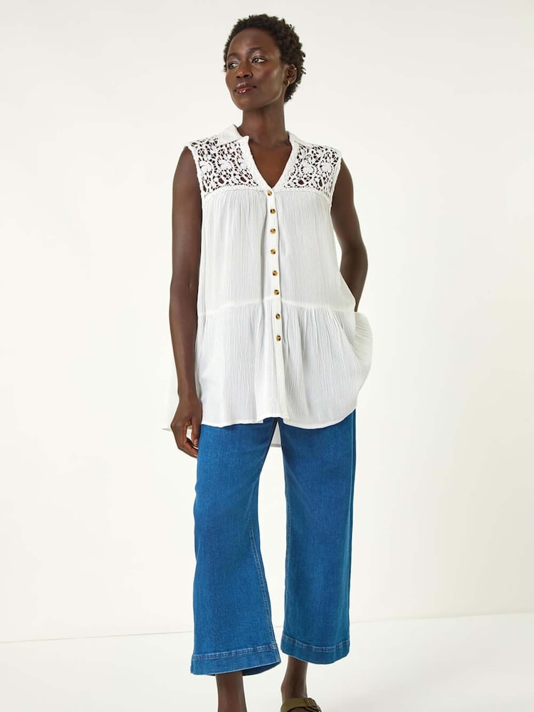 Roman White Lace Yoke Tiered Panel Blouse - Image 2 of 5