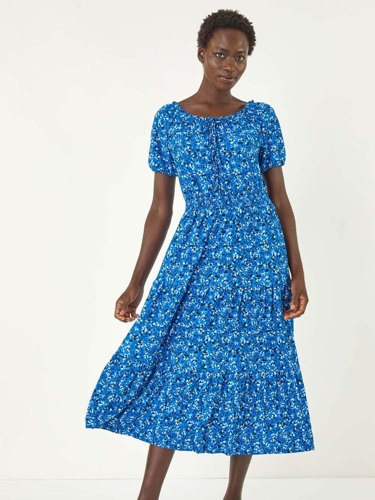 Roman Blue Ditsy Print Frill Stretch Midi Dress - Image 1 of 5