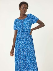 Roman Blue Ditsy Print Frill Stretch Midi Dress - Image 2 of 5