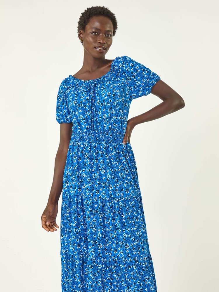 Roman Blue Ditsy Print Frill Stretch Midi Dress - Image 2 of 5