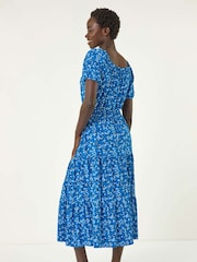 Roman Blue Ditsy Print Frill Stretch Midi Dress - Image 3 of 5