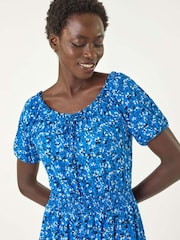 Roman Blue Ditsy Print Frill Stretch Midi Dress - Image 5 of 5