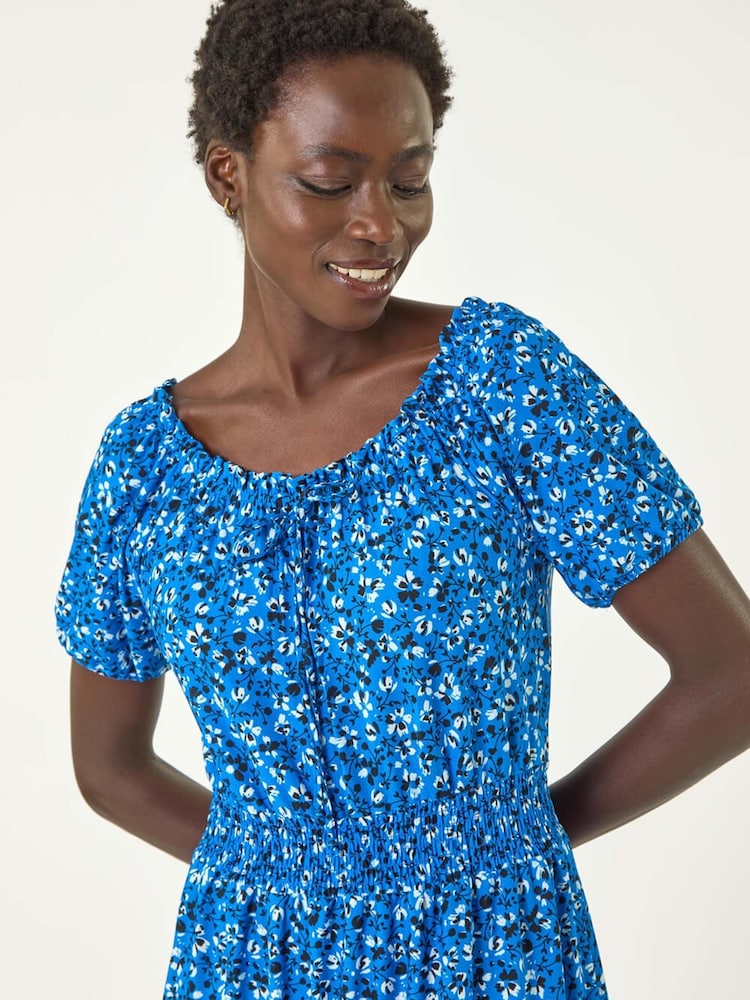 Roman Blue Ditsy Print Frill Stretch Midi Dress - Image 5 of 5