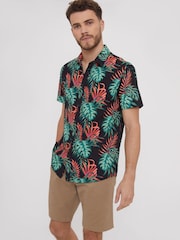 Threadbare Black Tropical Print Short Sleeve 100% Cotton Shirt - Image 1 of 4