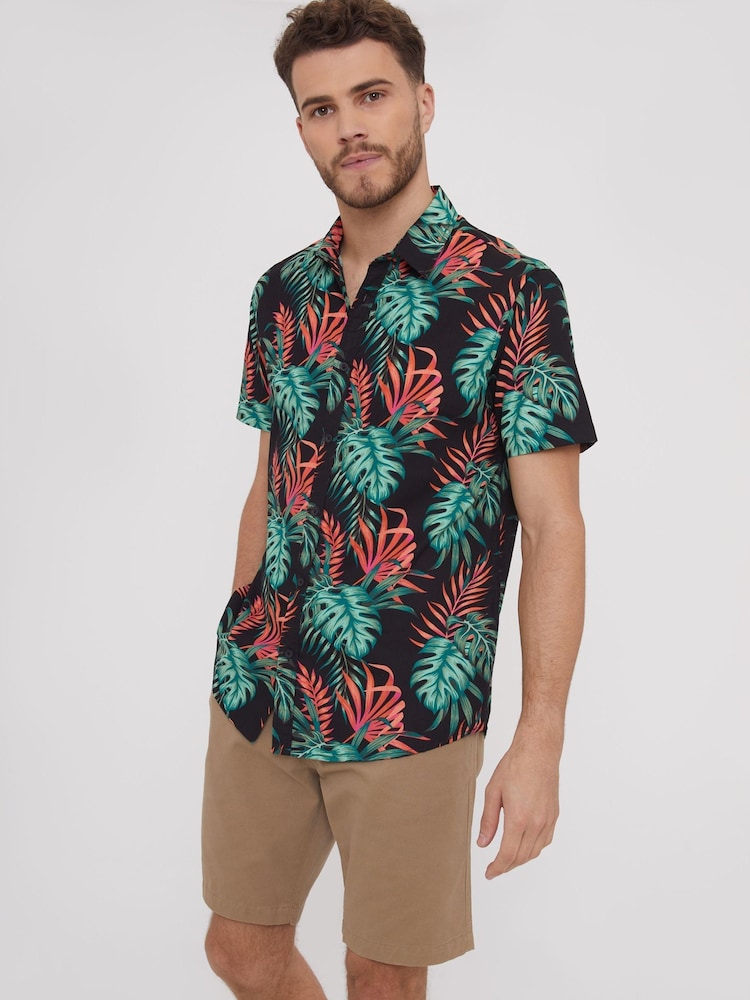 Threadbare Black Tropical Print Short Sleeve 100% Cotton Shirt - Image 1 of 4